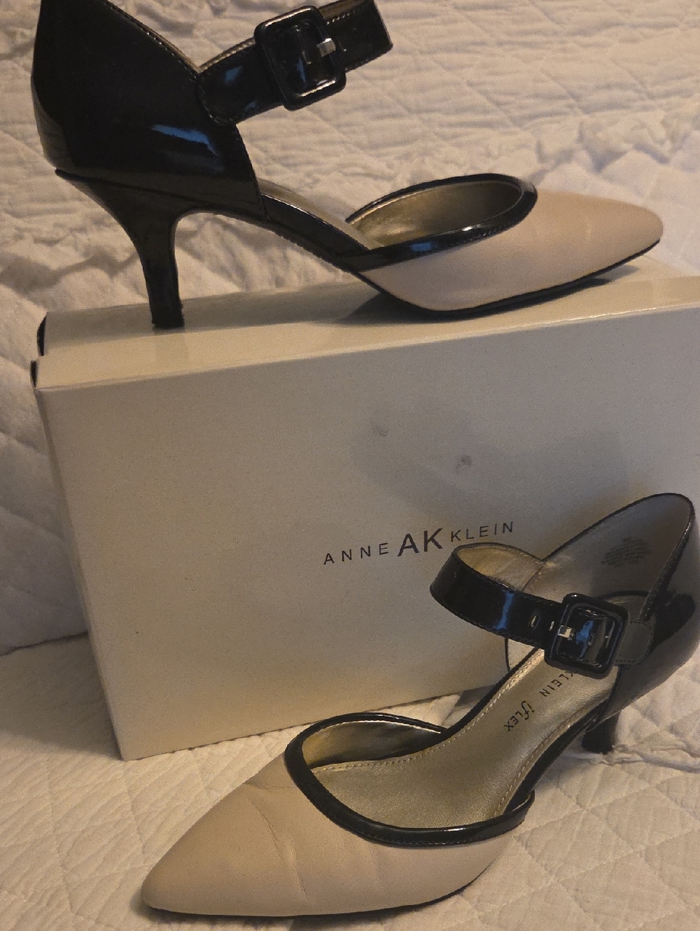 Anne Klein Beige and Black Pointed Toe Mary Jane Heels